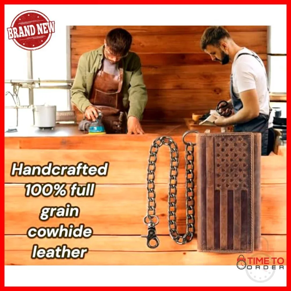 RFID Blocking Leather Wallet with Stainless Steel Chain for Men